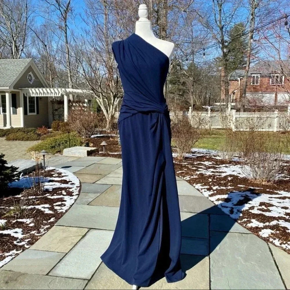 NWT BHLDN Tadashi Shoji Quinn Maxi One Shoulder Dress Wedding Formal Navy Med - Picture 5 of 15